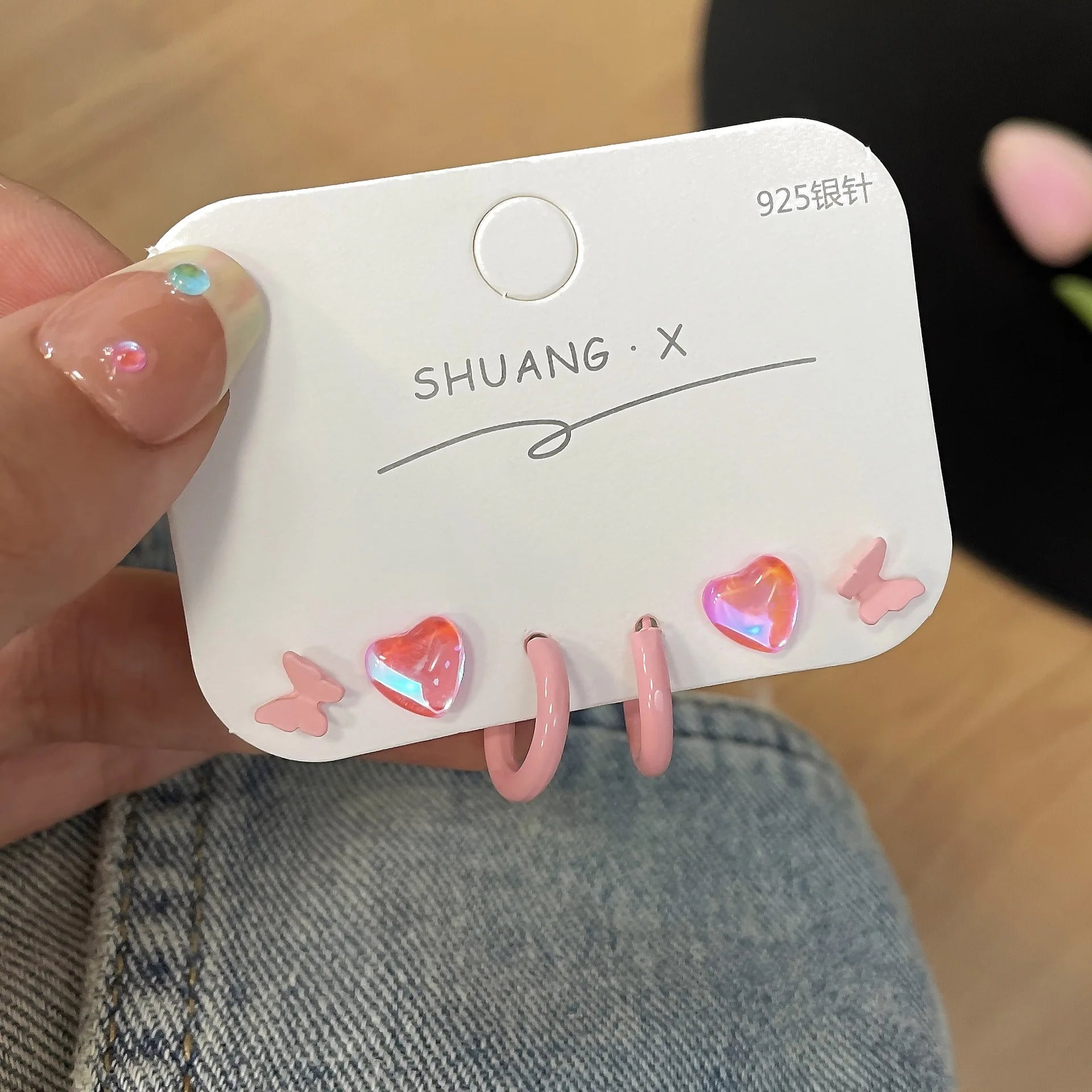 DAIIIBABYYY  -  Pink Glass Heart Butterfly Stud Earrings Set White Flower Korean Fashion Women Sweet Earring Jewelry Piercing brincos