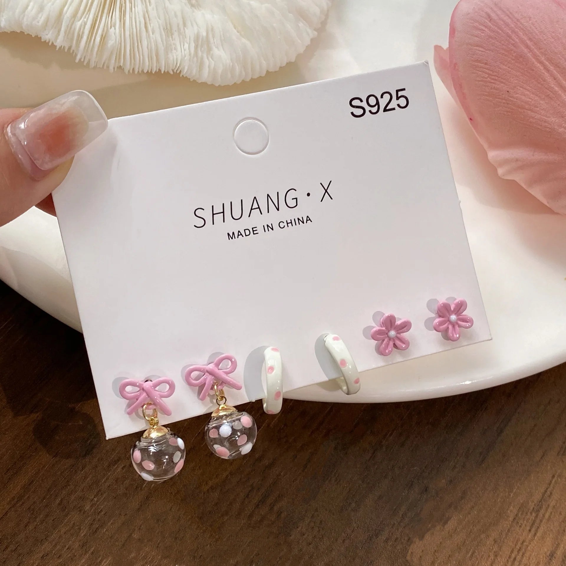 DAIIIBABYYY  -  Sweet Girls INS Pink Blue Bow-knot Ball Flower Stud Earrings Set for Women Korean Fashion Bow Earring Party Jewelry Gift