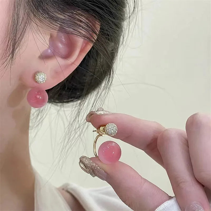 DAIIIBABYYY  -  Korean Sweet Pink Round Bead Earrings Set with Shiny Cubic Zirconia Stud Earrings for Women Elegant Fashion Jewelry Accessories