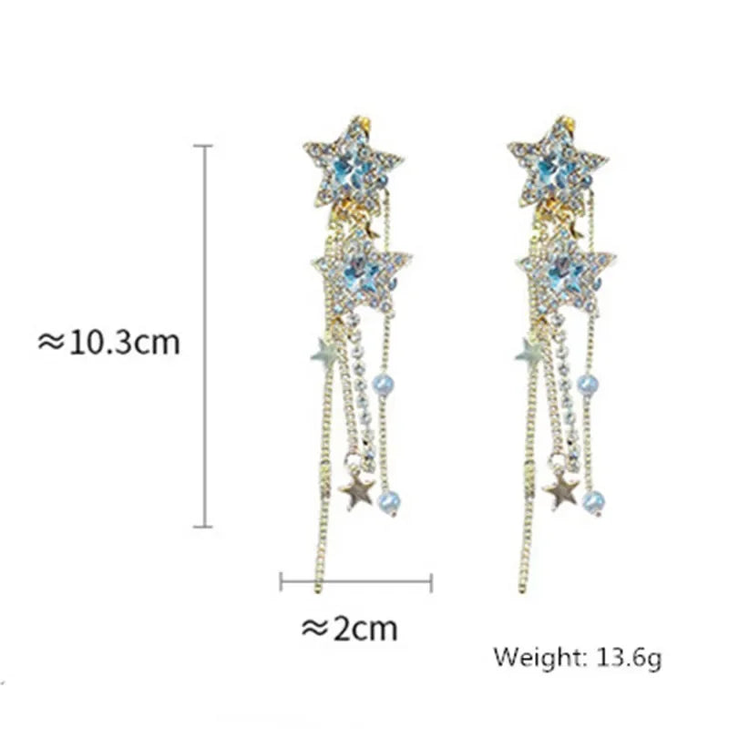 Daiiibabyyy  Korean Style Star Drop Earrings for Women New Bijoux Long Tassel Shiny Blue Crystal Dangle Earrings Jewelry Accessories