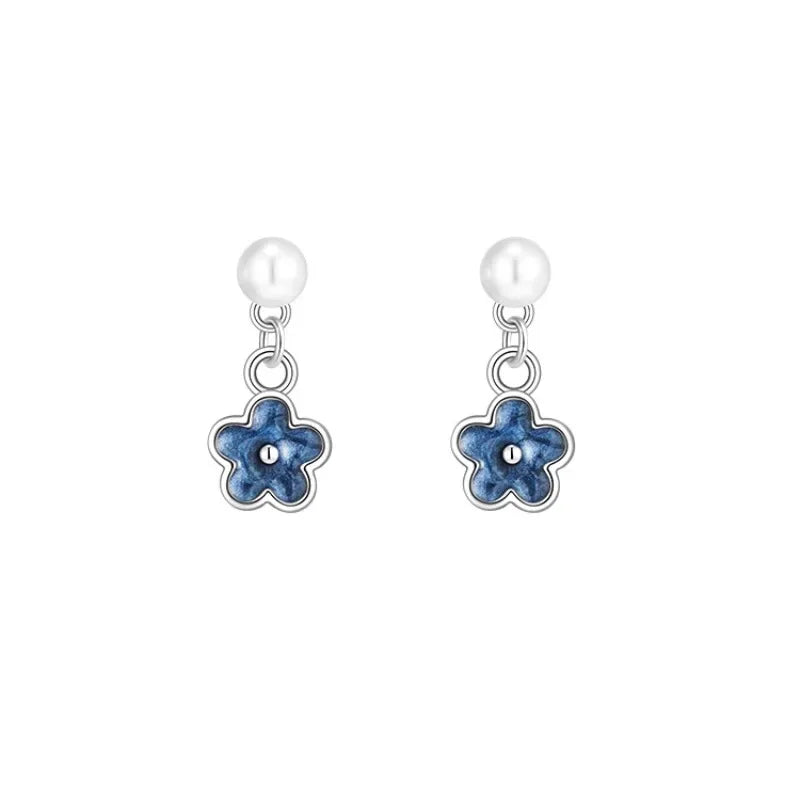 Daiiibabyyy  French Delicate Enamel Blue Small Flower Imitation Pearl Dangle Earrings for Women Elegant Fashion Jewelry Accessories