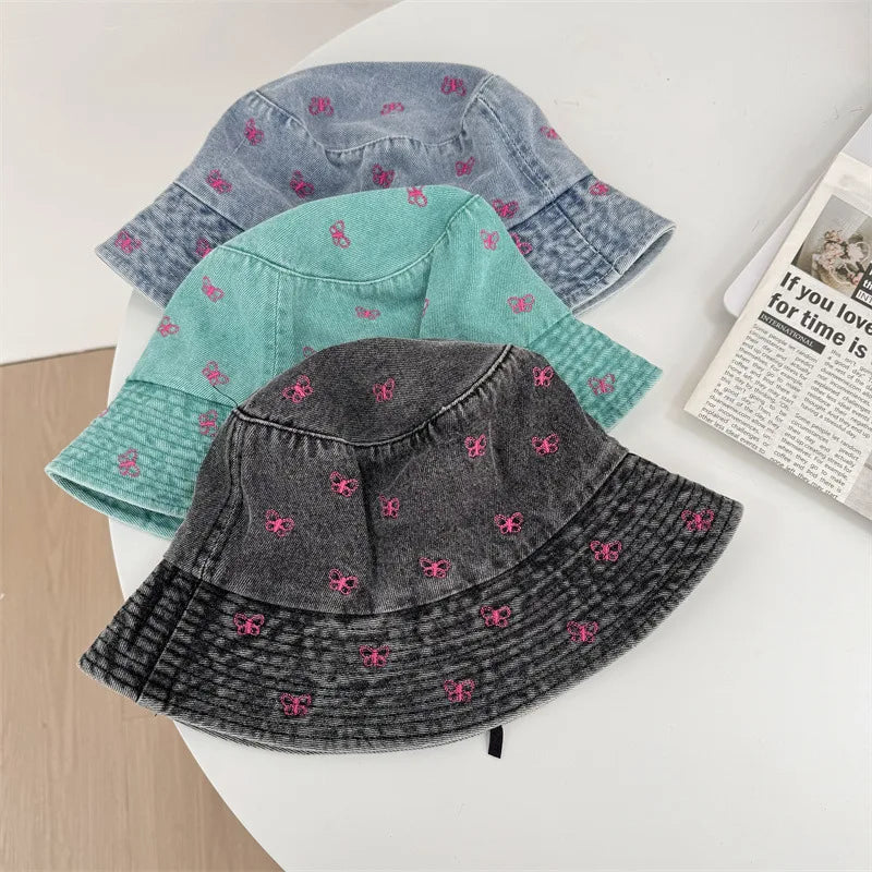 Butterfly Embroidery Bucket Hat For Women Summer Cowboy  Hat Autumn Ladies Fisherman Caps Outdoor Travel Sun Protect Hats