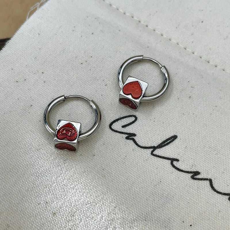 Daiiibabyyy Korean Fashion Y2K Aesthetic Red Heart Square Block Hoop Earrings For Women Gothic Charms Punk Hip Hop EMO Jewelry Accessories