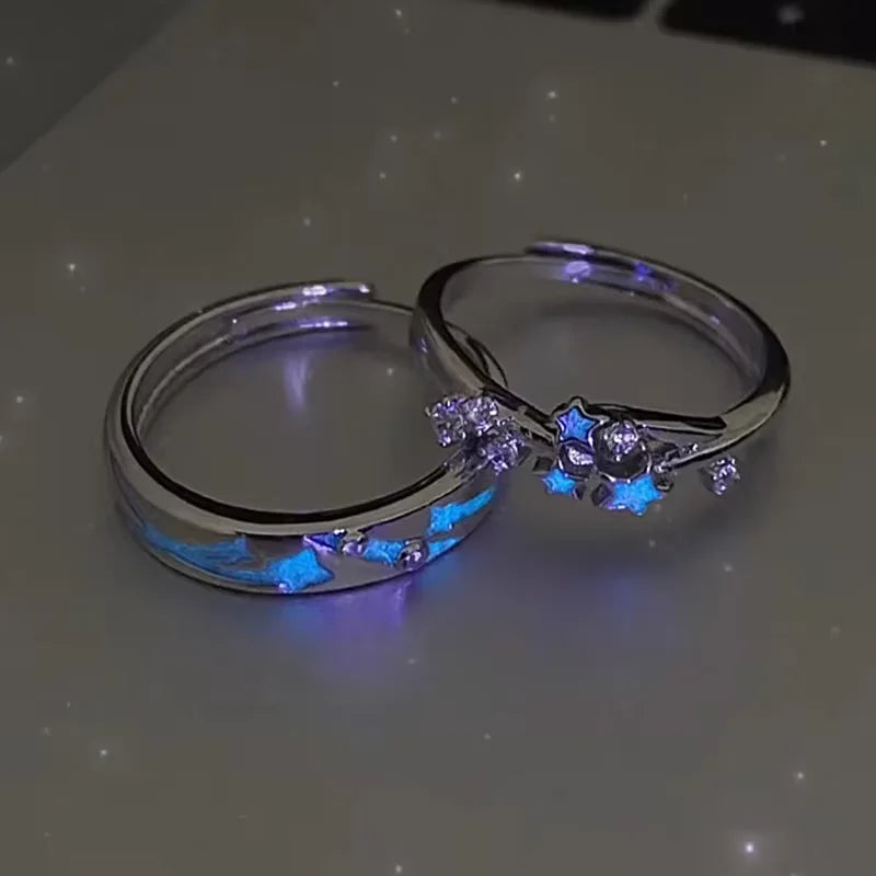 DAIIIBABYYY  -  1Pair Glow In Dark Luminous Blue Green Light Star Ring Fluorescent Heart Ring Women Men Couples Finger Rings Jewelry Adjustable