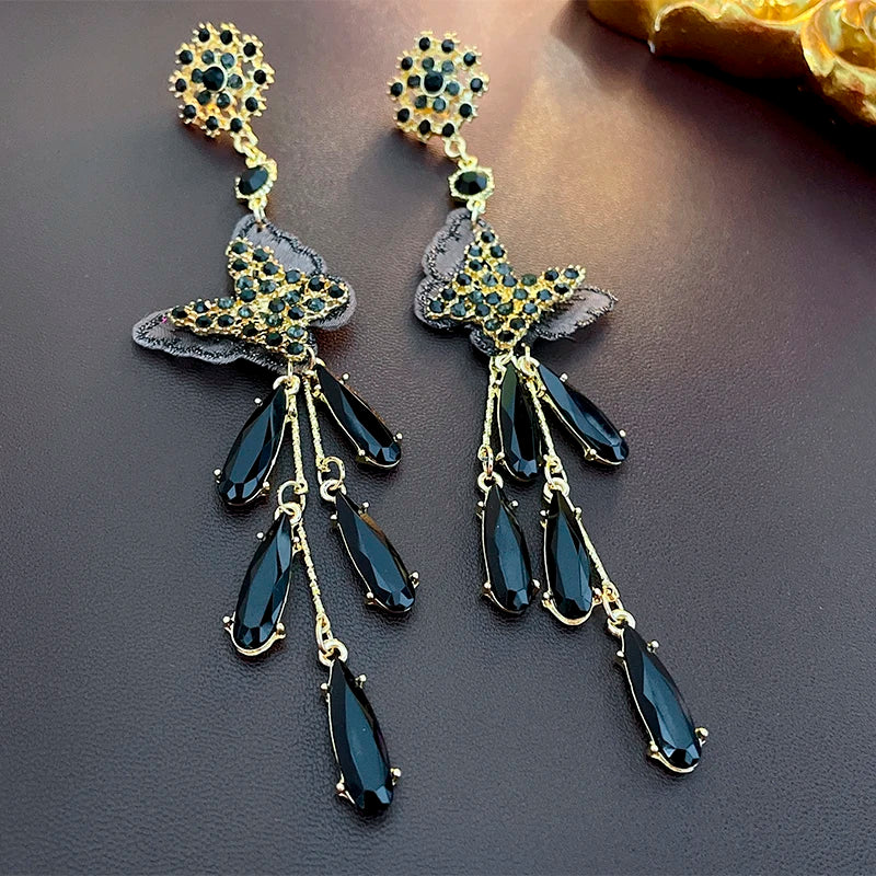 Daiiibabyyy  Black Crystal Butterfly Tassel Dangle Earrings For Women Silver Needle Long Drop Earrings Fashion Personality Jewelry