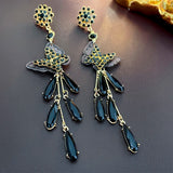 Daiiibabyyy  Black Crystal Butterfly Tassel Dangle Earrings For Women Silver Needle Long Drop Earrings Fashion Personality Jewelry
