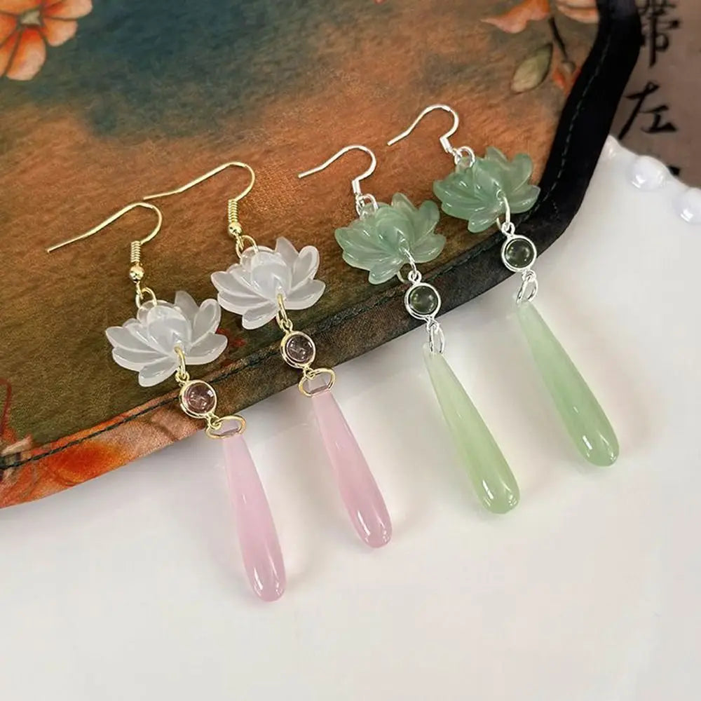 DAIIIBABYYY  -  Simple Lotus Pendant Ear Hooks Elegant Retro Chinese Classic Earrings Chinese Ancient Style Handmade Lotus Water Drop Earrings
