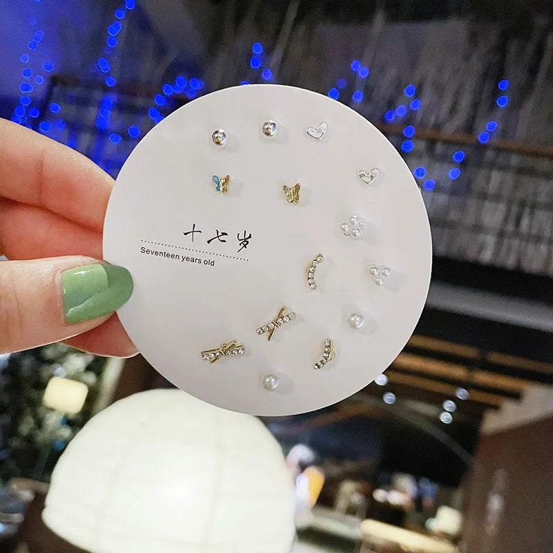 DAIIIBABYYY  -  Korean Fashion New Week Stud Earrings Set for Women Mini Sweet Pearl Heart Bow Rainbow Earring Luxury Jewelry Gift