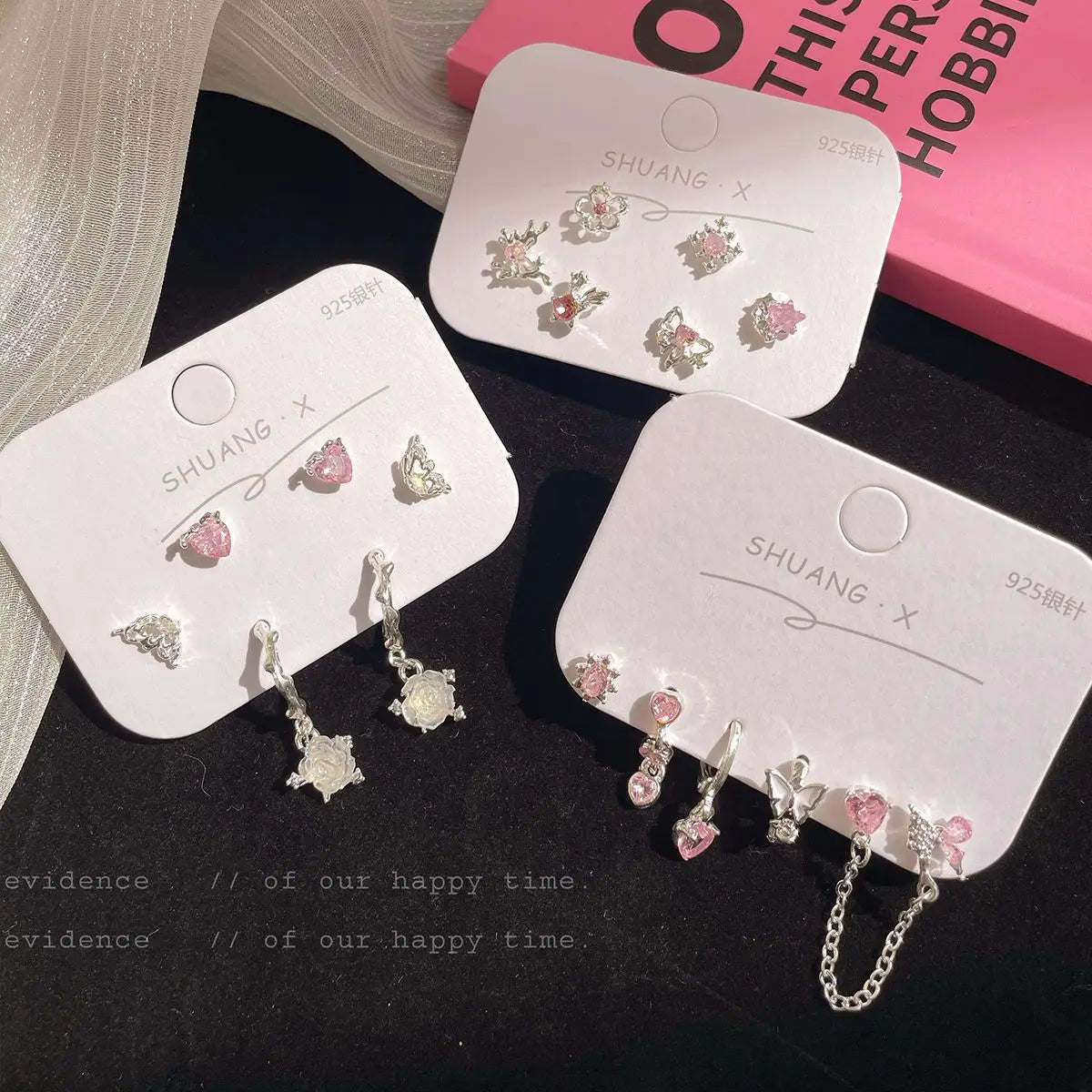 DAIIIBABYYY  -  Sweet Cool INS Pink Color Rhinestone Crystal Geometry Stud Earrings Set Women Korean Fashion Kpop Tassel Earring Jewelry