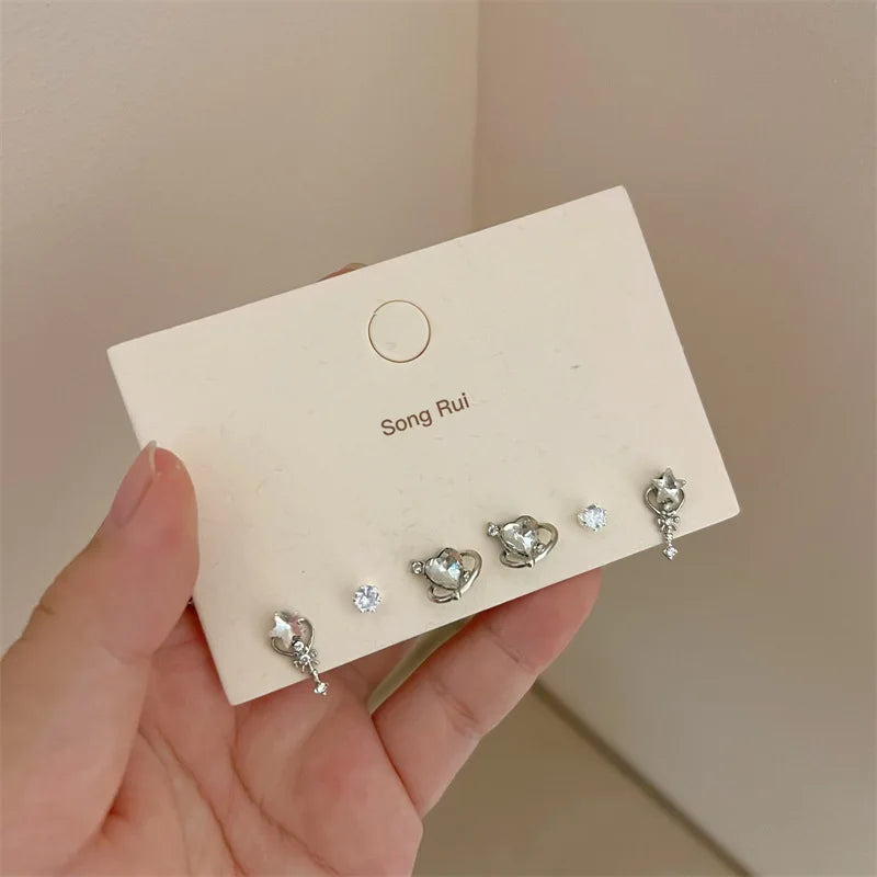 DAIIIBABYYY  -  Charm Y2K Bow-knot Heart Pink Silver Color Rhinestone Stud Earrings Set Women Korean Fashion Girls Sweet Earring Jewelry