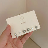 DAIIIBABYYY  -  Charm Y2K Bow-knot Heart Pink Silver Color Rhinestone Stud Earrings Set Women Korean Fashion Girls Sweet Earring Jewelry