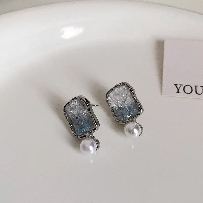 DAIIIBABYYY  -  Luxury Blue Gradient Crystal Butterfly Flower Pearl Earrings Flower Geometric Women Korean Fashion Kpop Tassel Earring
