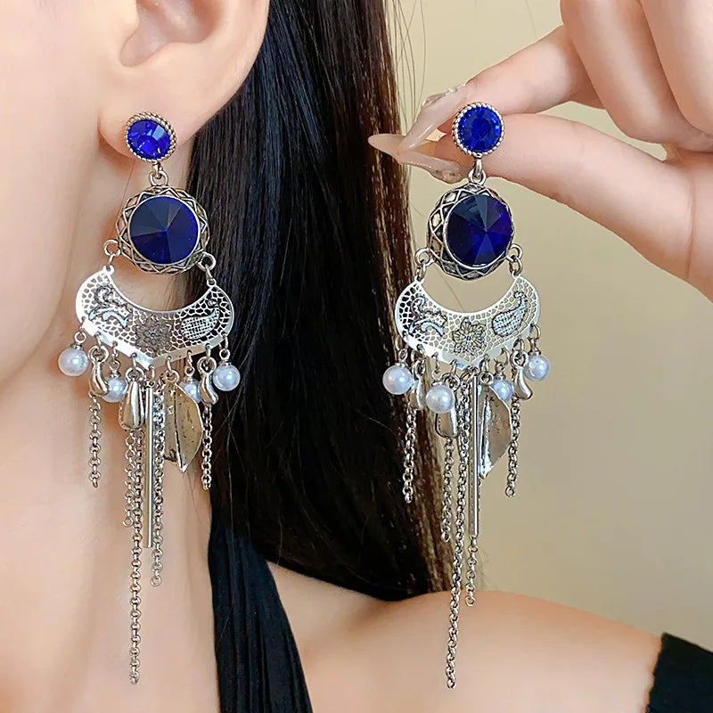 DAIIIBABYYY  -  Flower Leaf Pearl Tassel Earrings Ethnic Style Earrings