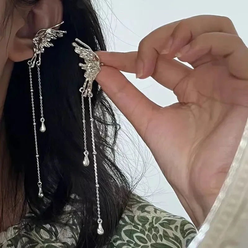 Daiiibabyyy  Silver Color Earrings Fairy Angel Wings Butterfly Long Tassel Clip Earrings for Women Teens Cool Ear Cuff Party Jewelry