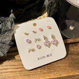 DAIIIBABYYY  -  Sweet Y2K Blue Aurora Rhinestone Heart Star Moon Stud Earrings Set Women Korean Fashion Butterfly Earring Jewelry Gift
