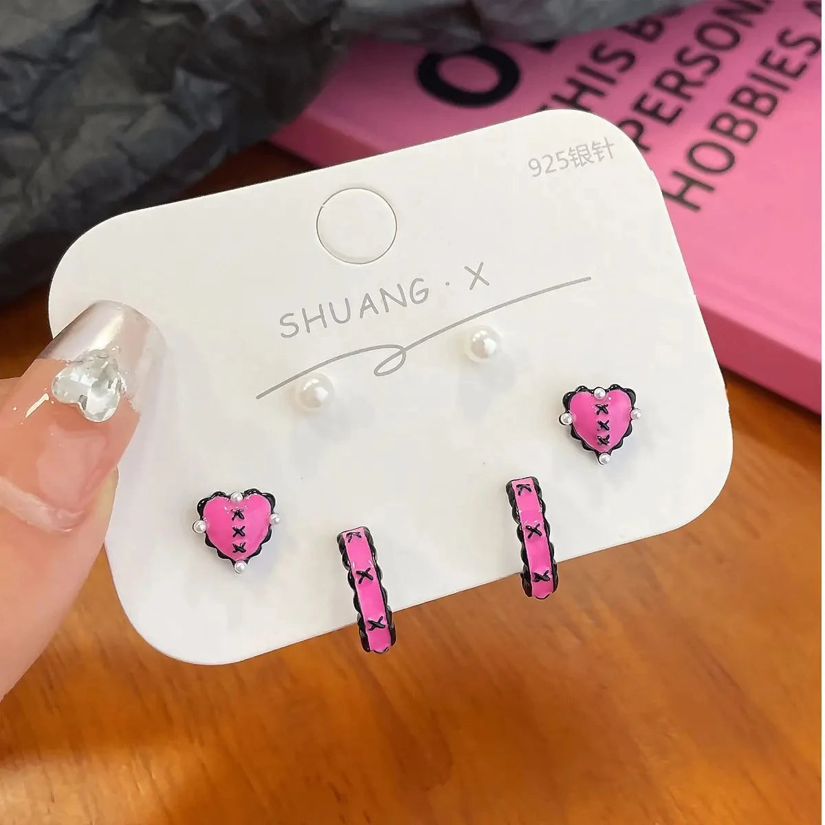 DAIIIBABYYY  -  Pink Glass Heart Butterfly Stud Earrings Set White Flower Korean Fashion Women Sweet Earring Jewelry Piercing brincos