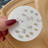 DAIIIBABYYY  -  Korean Fashion New Week Stud Earrings Set for Women Mini Sweet Pearl Heart Bow Rainbow Earring Luxury Jewelry Gift