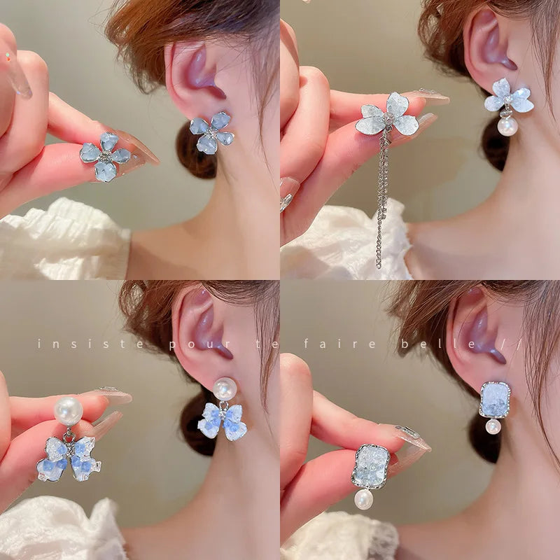 DAIIIBABYYY  -  Luxury Blue Gradient Crystal Butterfly Flower Pearl Earrings Flower Geometric Women Korean Fashion Kpop Tassel Earring