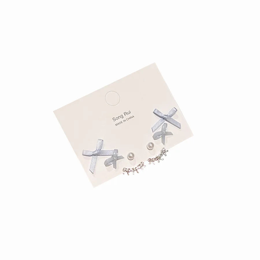 DAIIIBABYYY  -   Korean Fashion Ballet Style Ribbon Bow-knot Shape Pearl Stud Earrings Set for Women Kpop Pink Blue Charm Earring Jewelry