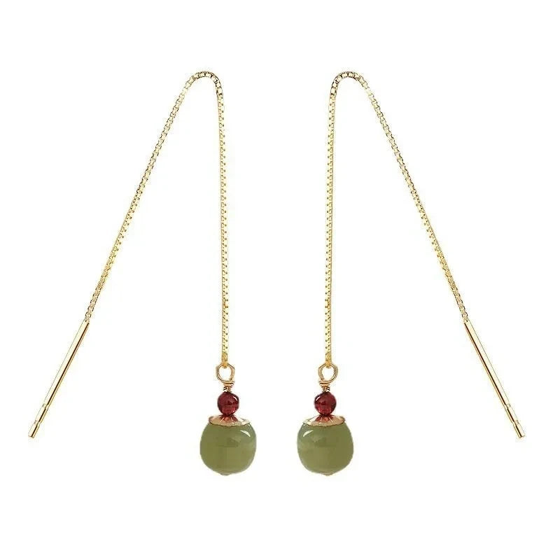 DAIIIBABYYY  -  Gold Color Hetian Jade Earrings for Women Green Round Jewelry Girls Gift Grace Ethnic Style