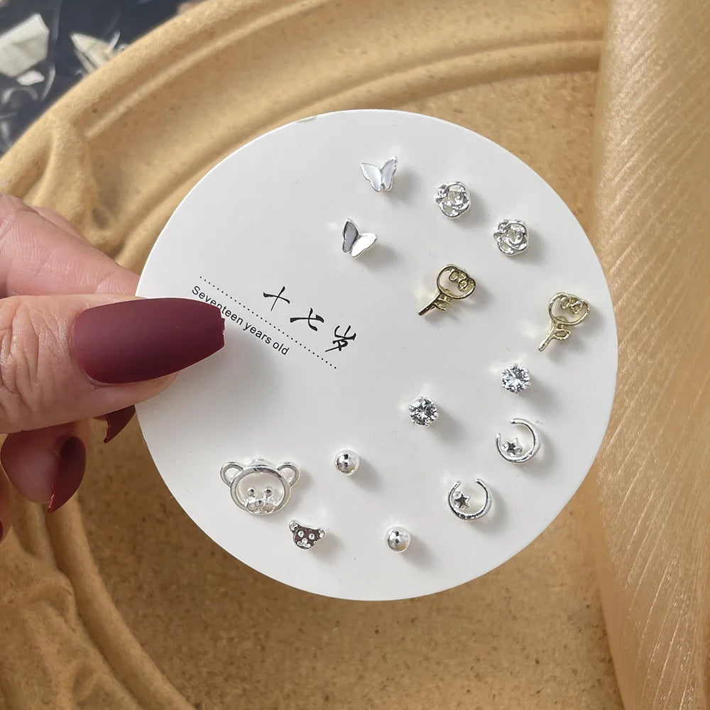 DAIIIBABYYY  -  Korean Fashion New Week Stud Earrings Set for Women Mini Sweet Pearl Heart Bow Rainbow Earring Luxury Jewelry Gift