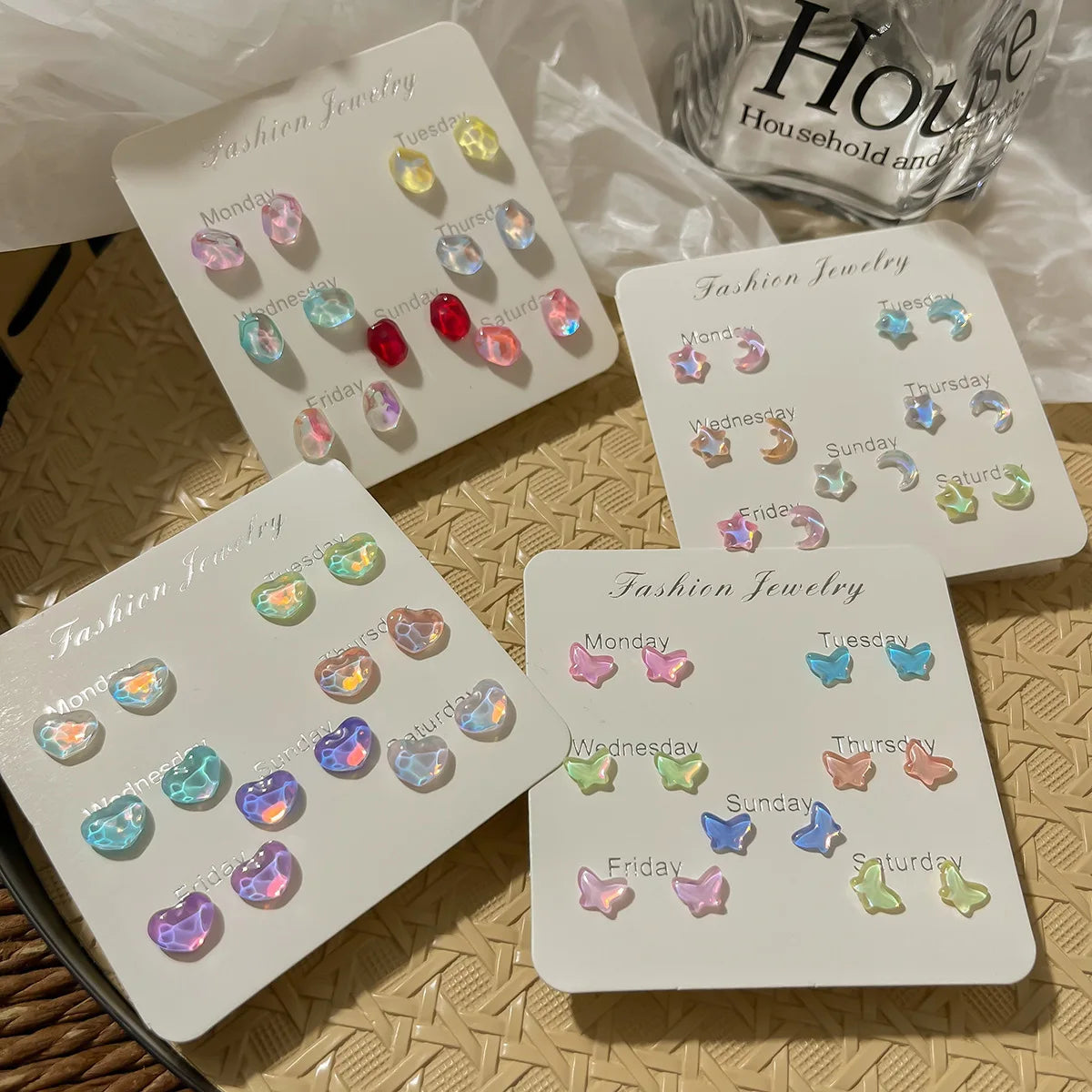 DAIIIBABYYY  -  Colorful Fairy Heart Stone Butterfly Moon Star Stud Earrings Set Women Y2K Sparkling Fashion Week 7 Days Earring Jewelry Gift