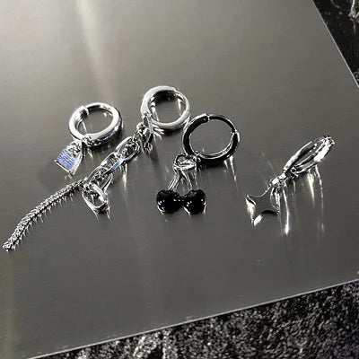 DAIIIBABYYY  -  6Pcs/set Women Silver Color Rhinestone Butterfly Stud Earrings Y2K Korean Fashion Punk Earring Stud Jewelry Sets Gift
