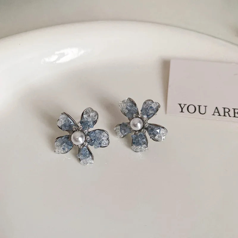DAIIIBABYYY  -  Luxury Blue Gradient Crystal Butterfly Flower Pearl Earrings Flower Geometric Women Korean Fashion Kpop Tassel Earring