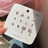 DAIIIBABYYY  -  Summer New Shiny Pink Flower Cherry Butterfly Star Pearl Stud Earrings Set for Women Girls One Week Korean Fashion Jewelry Gift