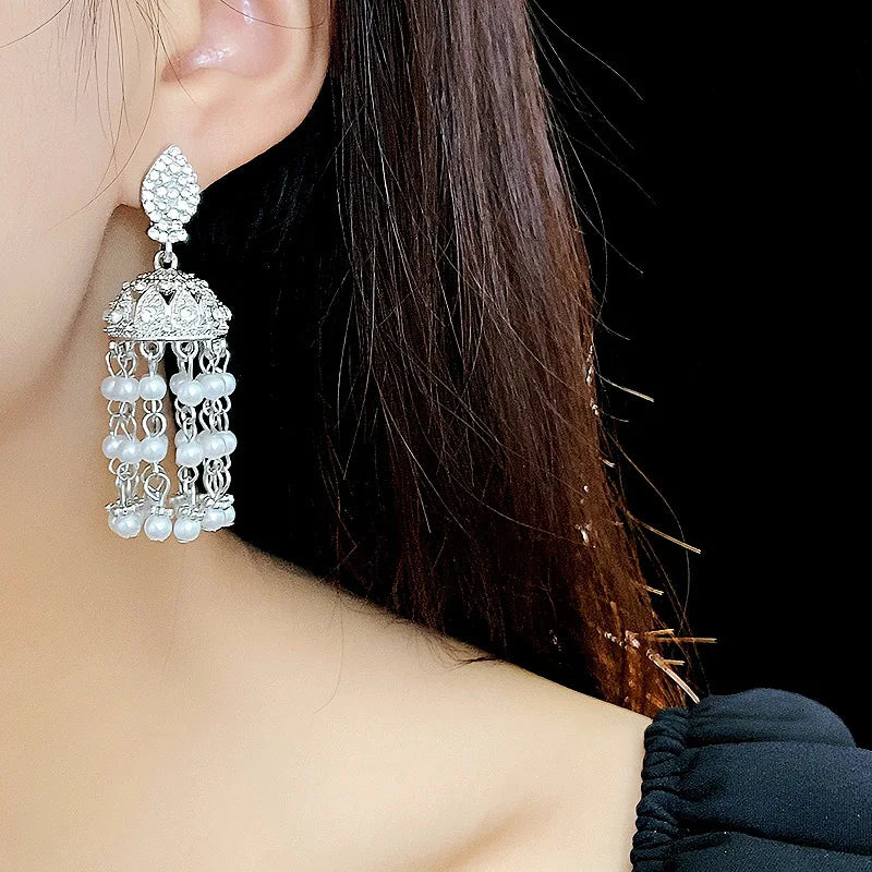 DAIIIBABYYY  -  Silver Needle Inlaid Rhinestones Pearl Tassel Ethnic Style High-end Retro New Chinese Style Personalized Earrings for Women