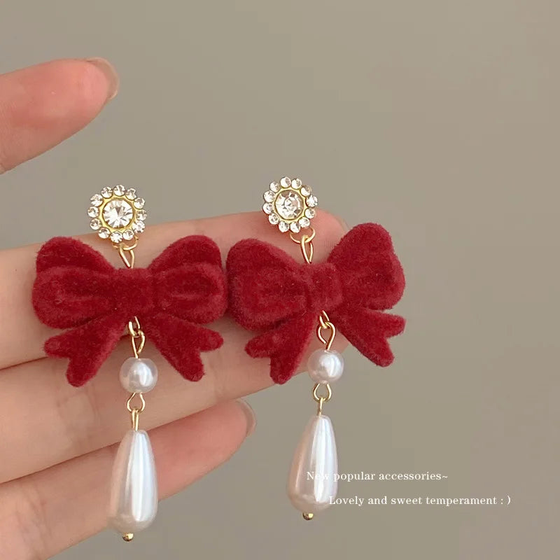 DAIIIBABYYY  -  New Romantic Winter Red Velvet Flocking Bow-knot Earrings Korean Fashion White Furry Ball Multi-style Dangle Earring Jewelry