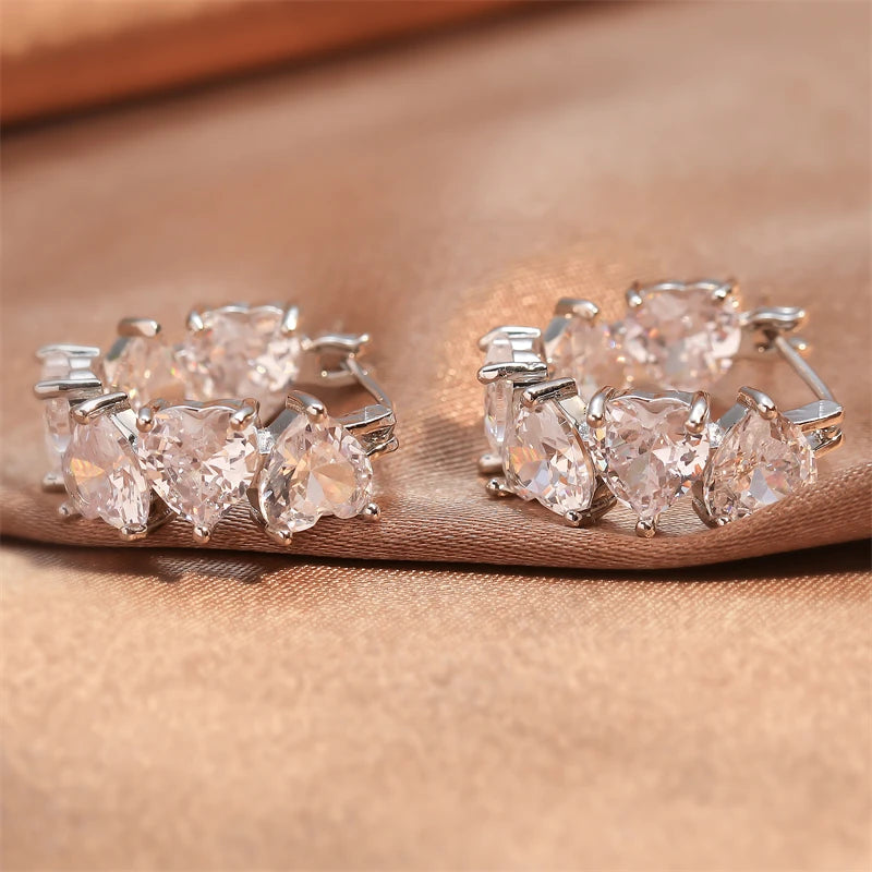 DAIIIBABYYY  -  Exquisite Clear Heart-shaped Cubic Zirconia Hoop Earrings New Trending Sliver Color Plated Wedding Party Ear Accessories