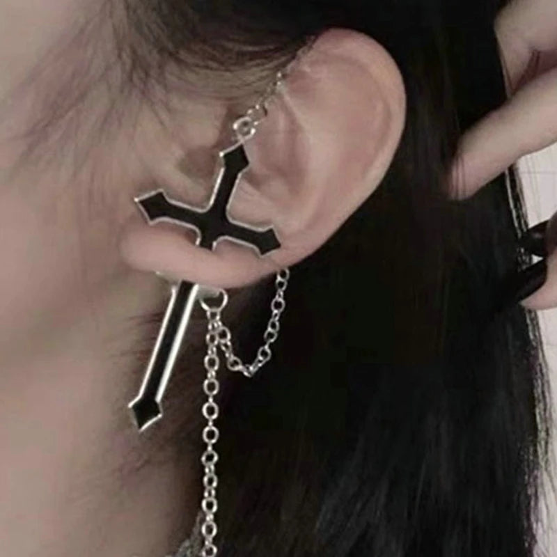 DAIIIBABYYY  -  Fashion Punk Black Cross Stud Earrings Teens Vintage Rock Pride Long Chain Ear Cuffs Women Earrings Girls Halloween Jewelry