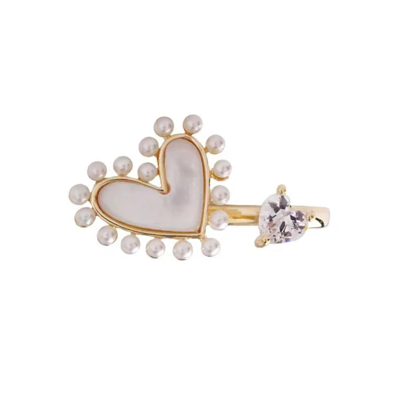 DAIIIBABYYY  -  New Korean Retro Simple Elegant Shell Pearl Love Flower Opening Rings For Women Fashion Sweet Jewelry Accessories