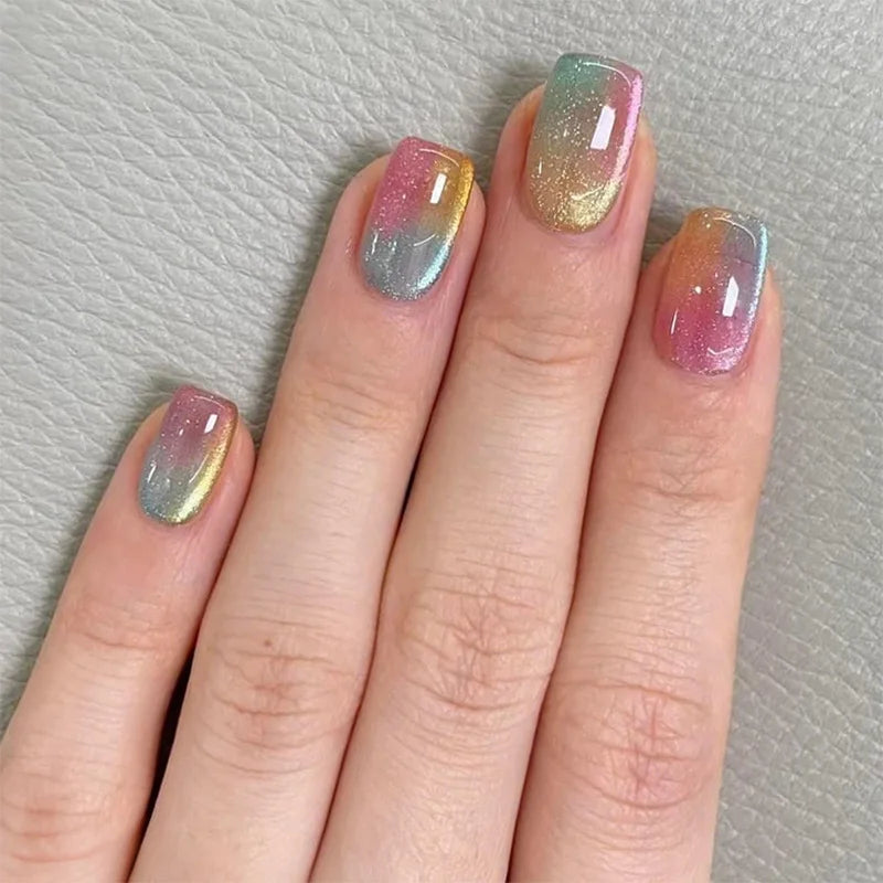 Daiiibabyyy  24pcs Gradient Colorful Fake Nail Art Reusable Candy Cat's Eye Short Ballet False Nails Sets Press  on  Simple Square Manicure