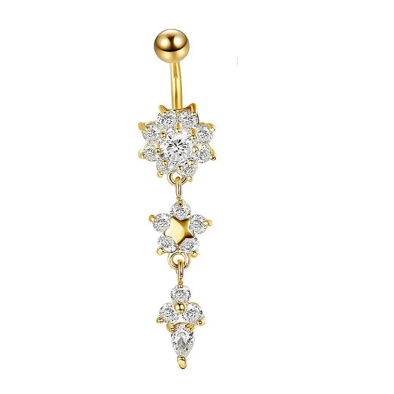 DAIIIBABYYY  -  Fashion Zircon Heart Belly Button Piercing for Women Stainless Steel Long Flower Pendant Navel Rings Piercing Ombligo Jewelry