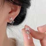 DAIIIBABYYY  -  New Bow Earrings Rhinestones Girls Delicate Compact Fashionable Versatile Suitable Daily Dating Light Luxury Personalized