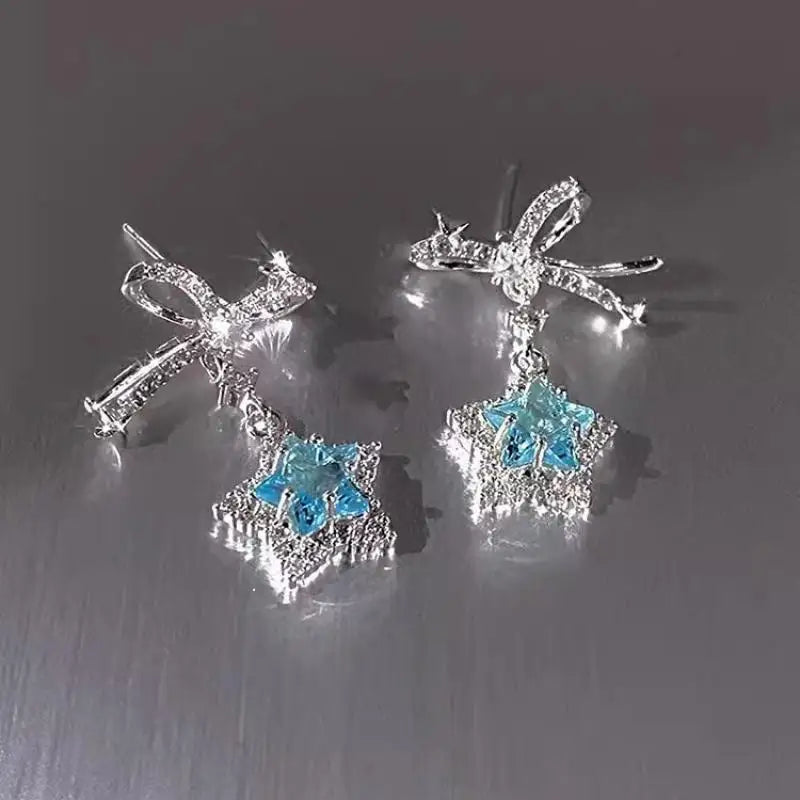 DAIIIBABYYY  -  Korean Fashion Blue Zircon Star Stud Earrings for Women Creative Shiny Rhinestone Bowknot Earrings Sweet Girls Jewelry Gifts