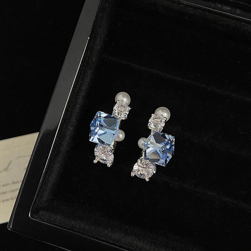 Daiiibabyyy  Blue Crystal Pearl Dangle Earrings for Women Luxury Delicate Pink C-Shaped Earrings Romantic Casual Versatile Jewelry