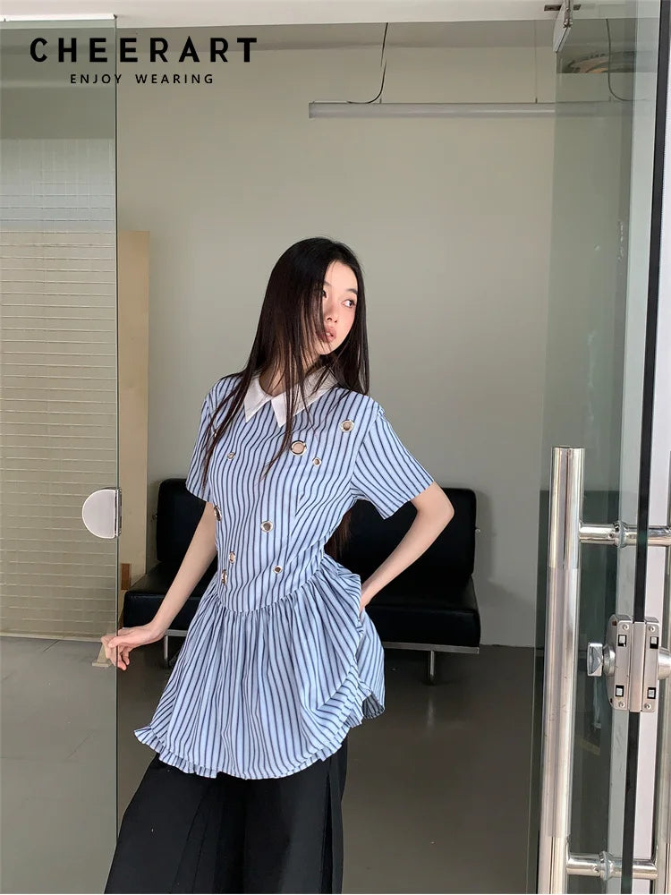 DAIIIBABYYY  -  Preppy Blue And White Striped Short Sleeve Dress Polo Collared Hollow Out Rings Mini Shirt Dress Women 2024 Summer