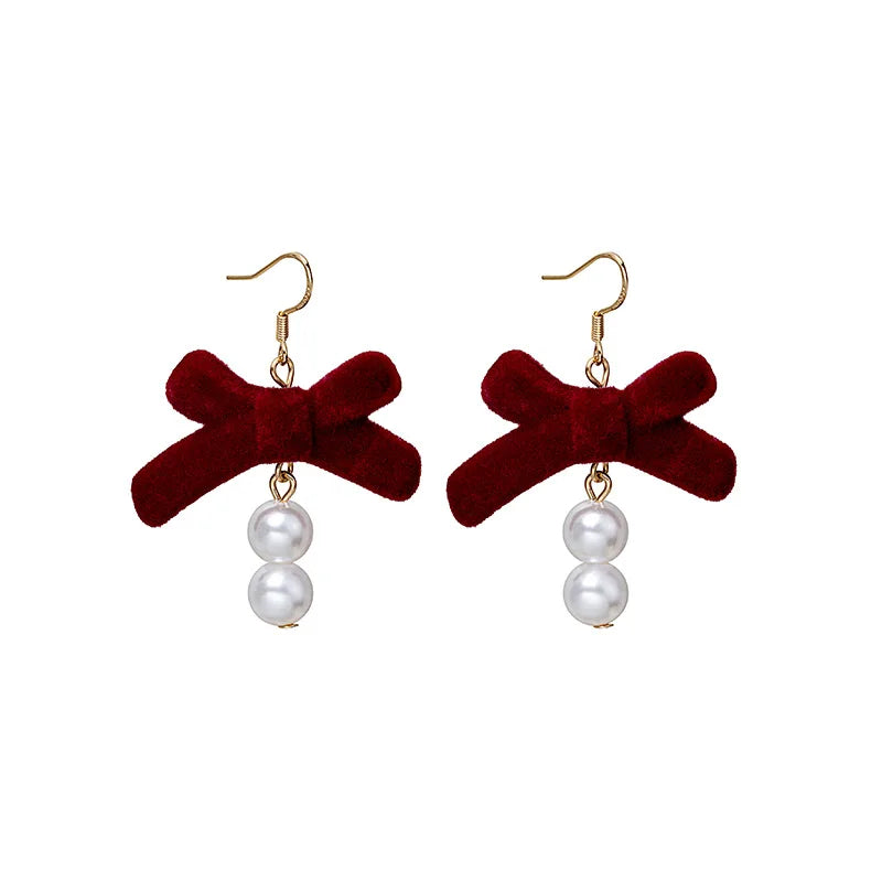 DAIIIBABYYY  -  New Romantic Winter Red Velvet Flocking Bow-knot Earrings Korean Fashion White Furry Ball Multi-style Dangle Earring Jewelry
