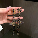 Daiiibabyyy  Black Crystal Butterfly Tassel Dangle Earrings For Women Silver Needle Long Drop Earrings Fashion Personality Jewelry