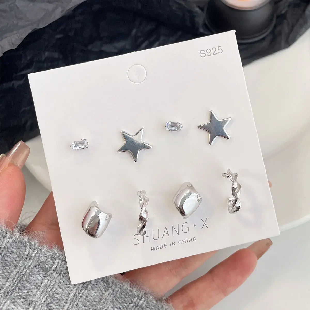 DAIIIBABYYY  -  Silver Plated Elegant INS Style Butterfly Star Stud Earrings Set Women Korean Fashion Simple Geometric Earring Jewelry