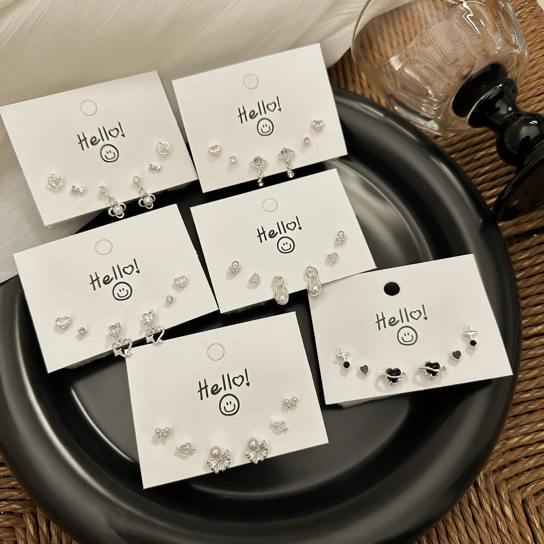 DAIIIBABYYY  -  Silver Plated Needle Luxury Stud Earrings Set for Women Fashion Rhinestone Heart Pearl Bow Star Earring Wedding Jewelry