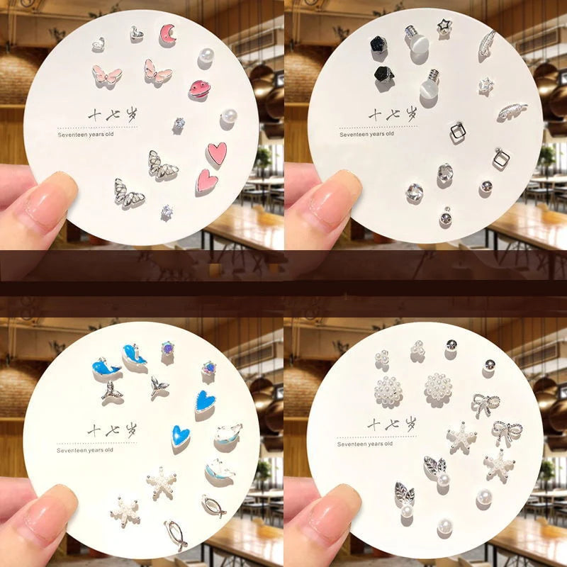 DAIIIBABYYY  -  Korean Fashion New Week Stud Earrings Set for Women Mini Sweet Pearl Heart Bow Rainbow Earring Luxury Jewelry Gift