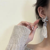 DAIIIBABYYY  -  Korean Design Fashion Silver Color Metal Pearl Tassel Earrings Elegant Long Flower Drop Earings Female