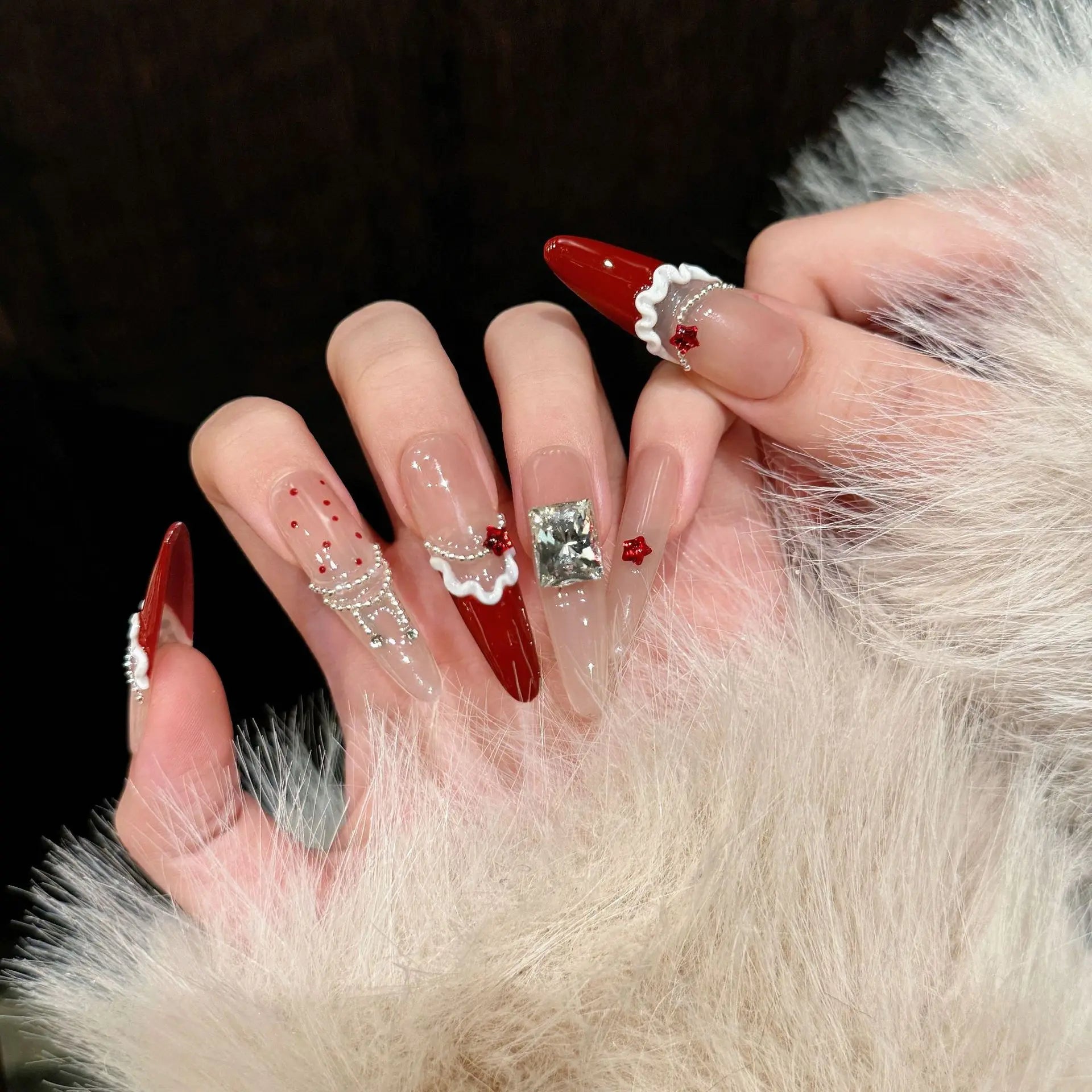Daiiibabyyy  10pcs Christmas Handmade Nails Tips Snowman Cake Design Extra Long Oval Fake Nail Art French False Nail Bow Press on Nails Sets