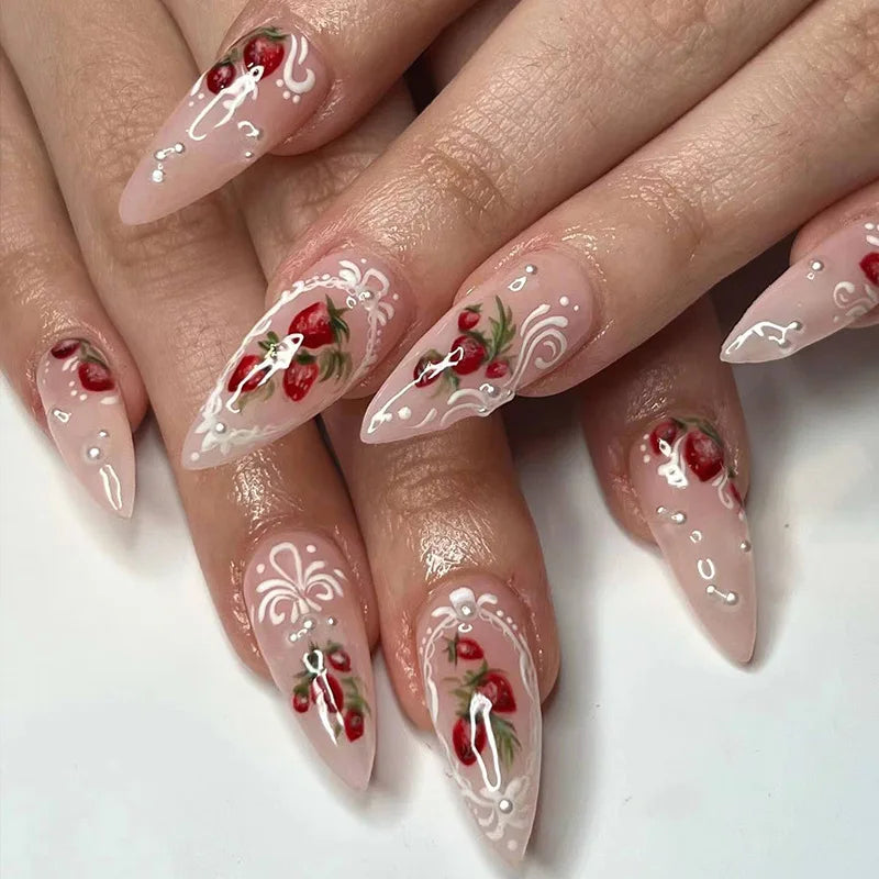 Daiiibabyyy  24pcs Wearable Nails Sets Press on Bow Rhinestone Design Almond Fake Nails Tips Flower Pink Long Nail Art Finished False Nail
