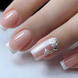 Daiiibabyyy 24Pcs French Stripe Fake Nail with Diamond Design Short Finished Full Cover Nail Tips Manicure White False Nails Press on Nails