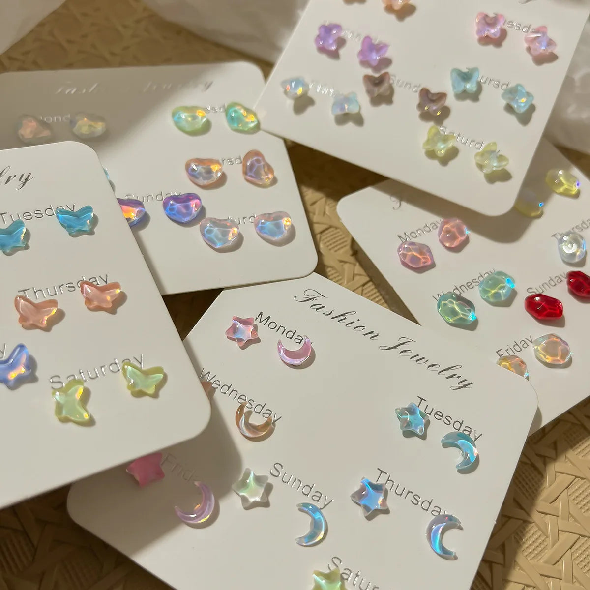 DAIIIBABYYY  -  Colorful Fairy Heart Stone Butterfly Moon Star Stud Earrings Set Women Y2K Sparkling Fashion Week 7 Days Earring Jewelry Gift